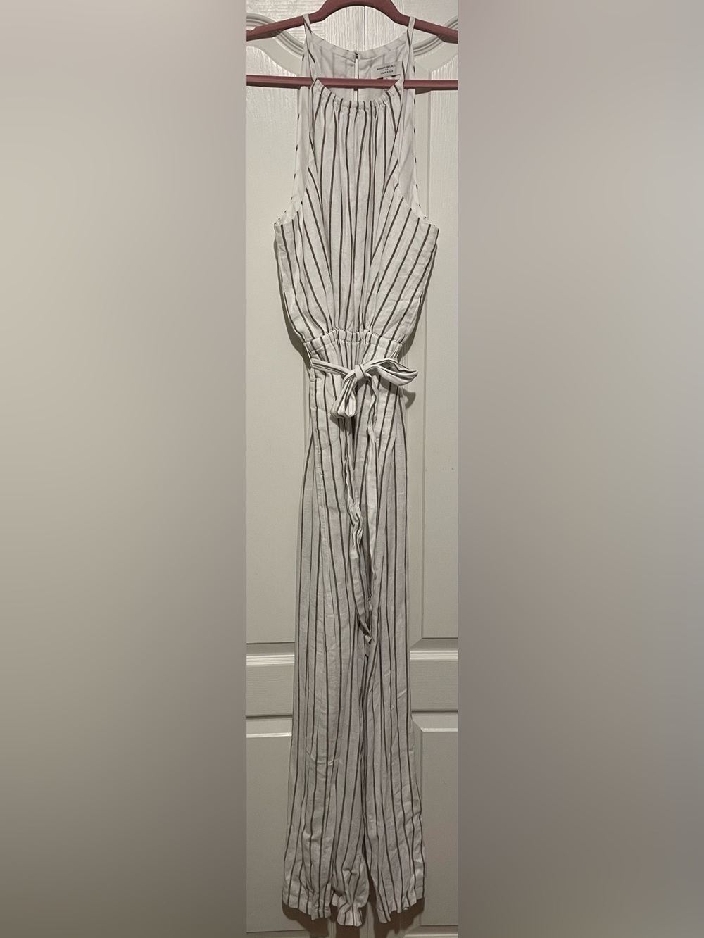 Banana Republic White and Brown Striped Linen/Rayon Wide-Leg Jumpsuit